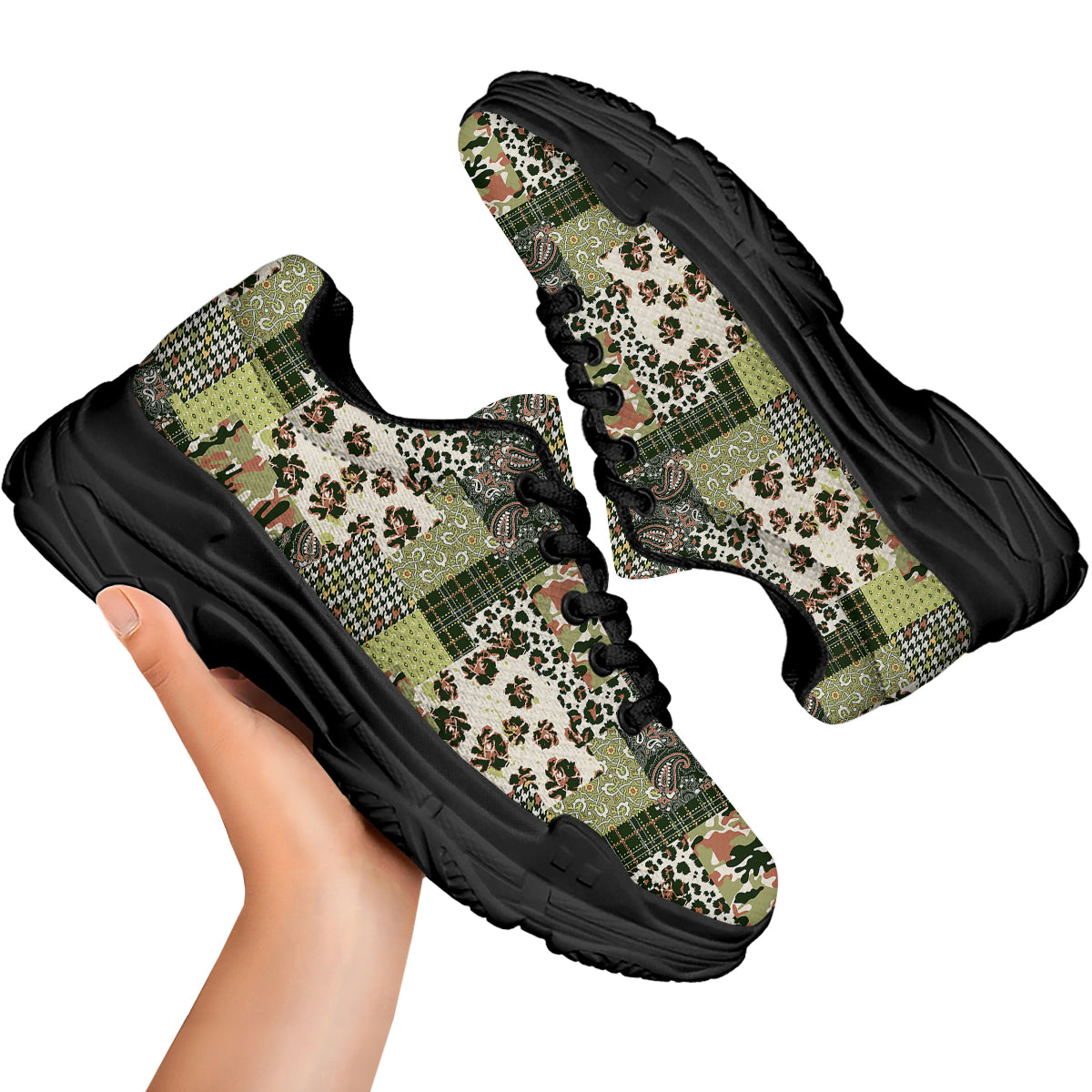 Green Camouflage Tartan Paisley Patchwork Print Pattern Black Chunky Shoes-grizzshop