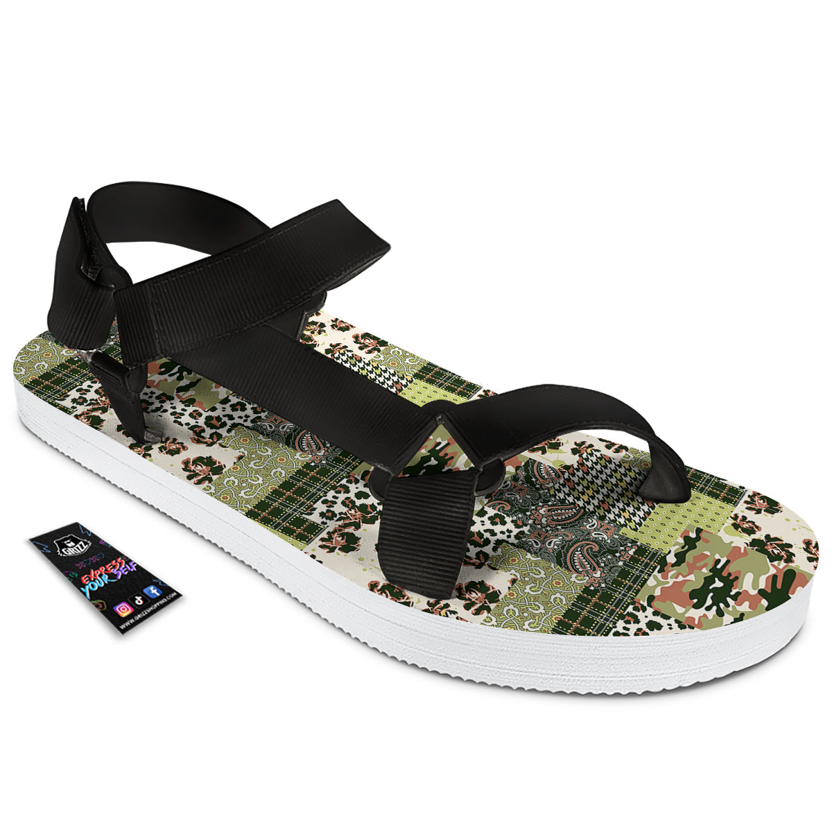 Green Camouflage Tartan Paisley Patchwork Print Pattern Black Open Toe Sandals-grizzshop