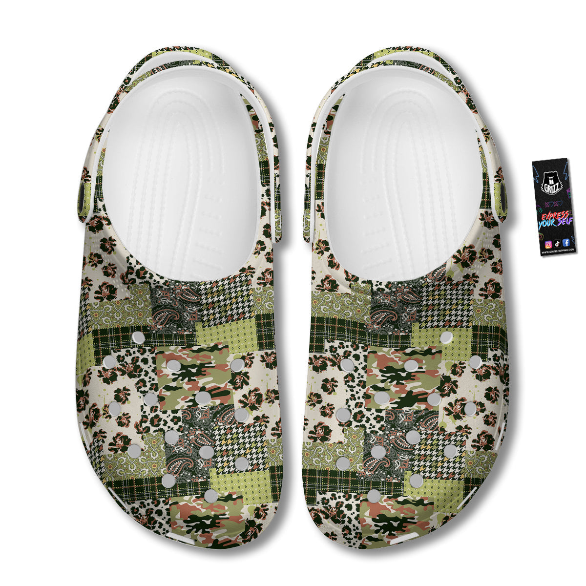 Green Camouflage Tartan Paisley Patchwork Print Pattern Clog-grizzshop