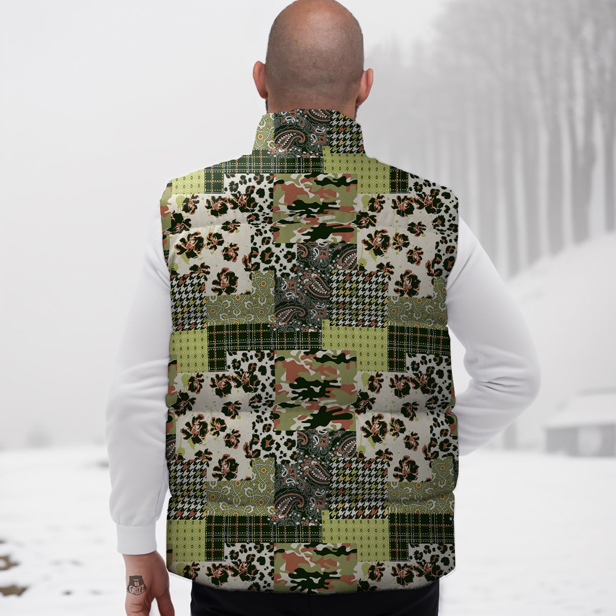 Green Camouflage Tartan Paisley Patchwork Print Pattern Down Vest
