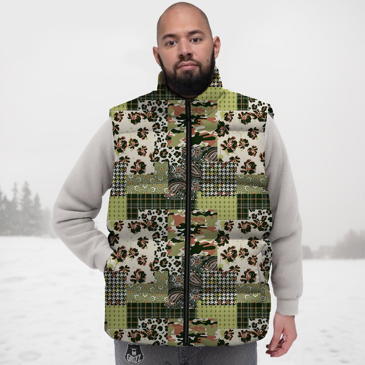 Green Camouflage Tartan Paisley Patchwork Print Pattern Down Vest
