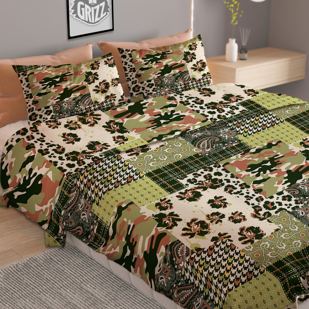 Green Camouflage Tartan Paisley Patchwork Print Pattern Duvet Cover Bedding Set