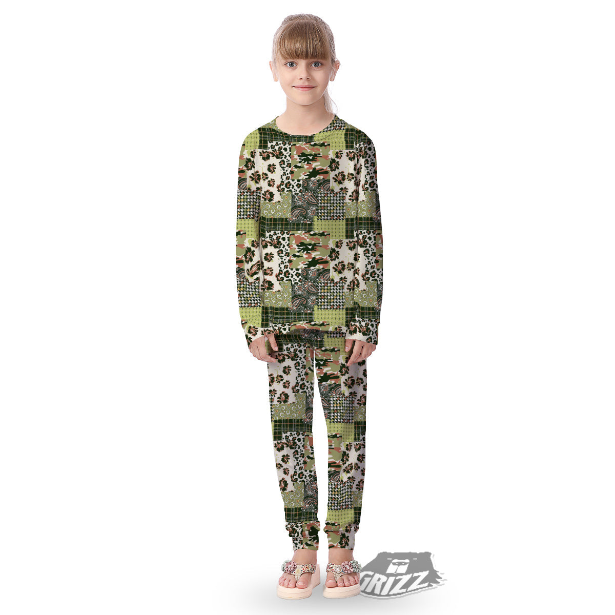 Green Camouflage Tartan Paisley Patchwork Print Pattern Kid's Pajamas-grizzshop