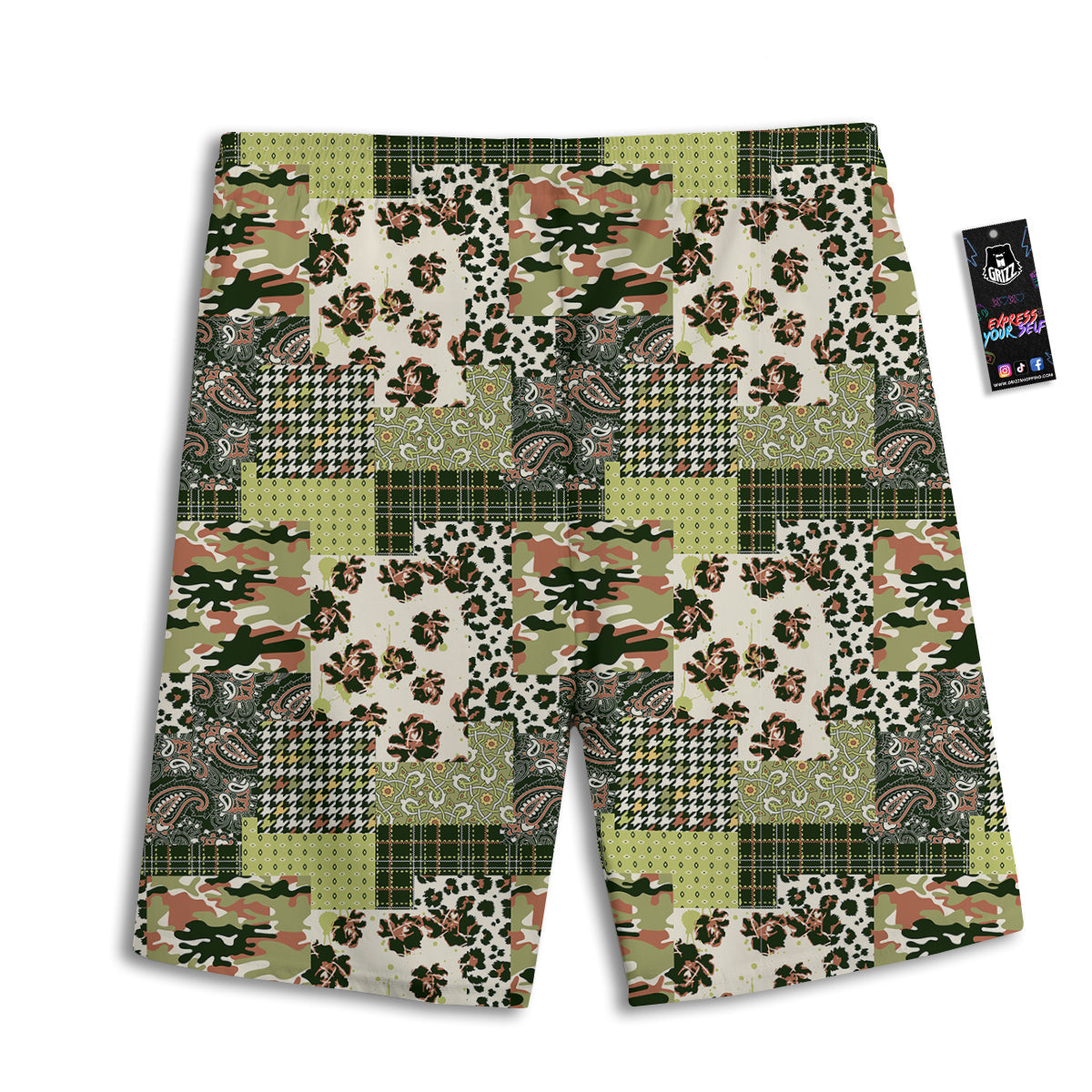 Green Camouflage Tartan Paisley Patchwork Print Pattern Men's Athletic Shorts