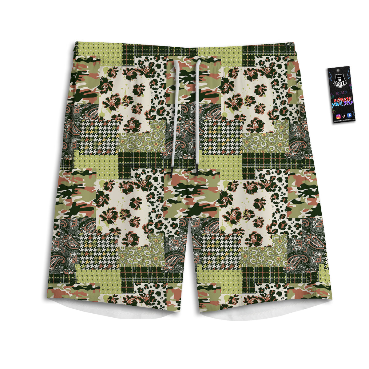 Green Camouflage Tartan Paisley Patchwork Print Pattern Men's Athletic Shorts
