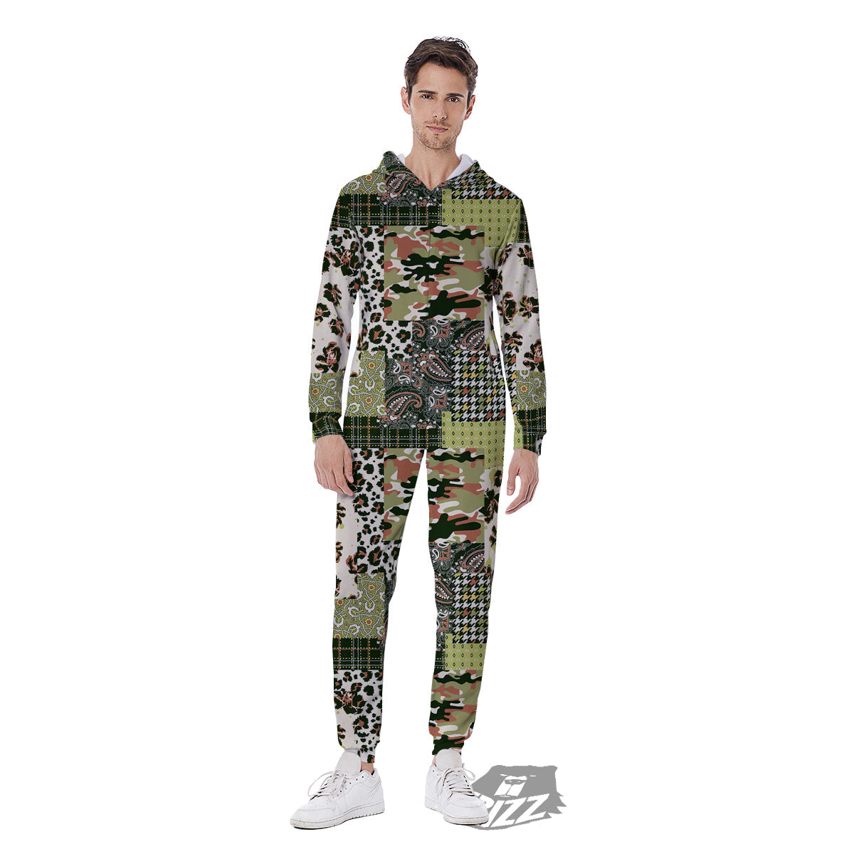 Green Camouflage Tartan Paisley Patchwork Print Pattern Men's Jumpsuit-grizzshop