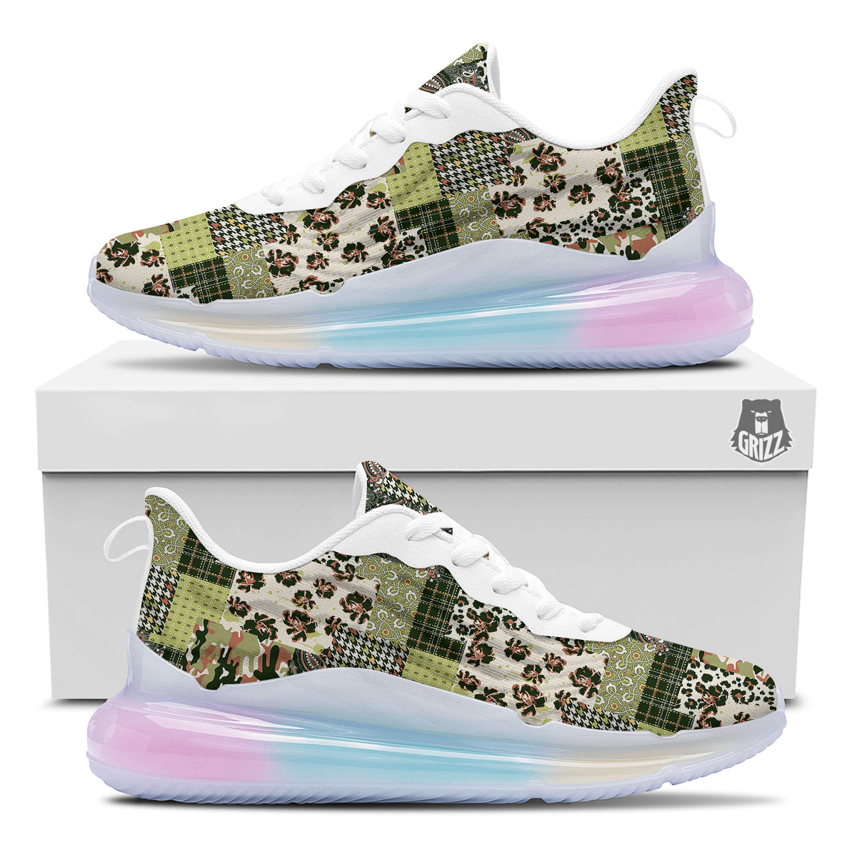 Green Camouflage Tartan Paisley Patchwork Print Pattern Running Sneakers-grizzshop