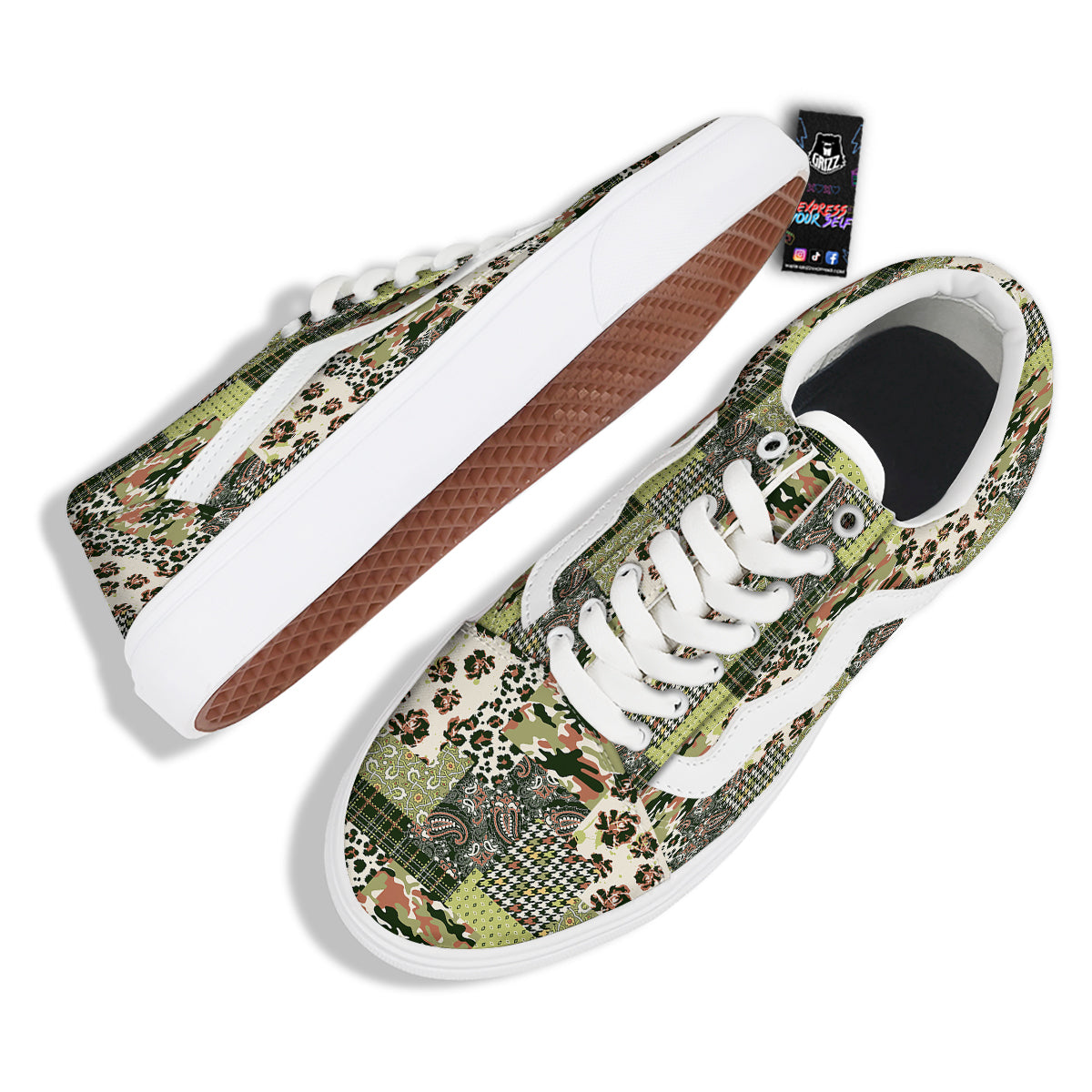 Green Camouflage Tartan Paisley Patchwork Print Pattern Skate Shoes-grizzshop
