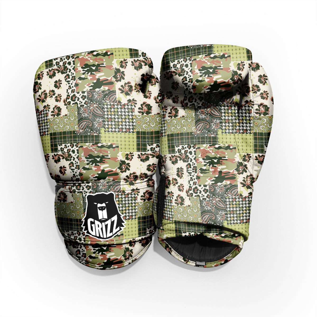 Green Camouflage Tartan Paisley Patchwork Print Pattern Pro Boxing Glove