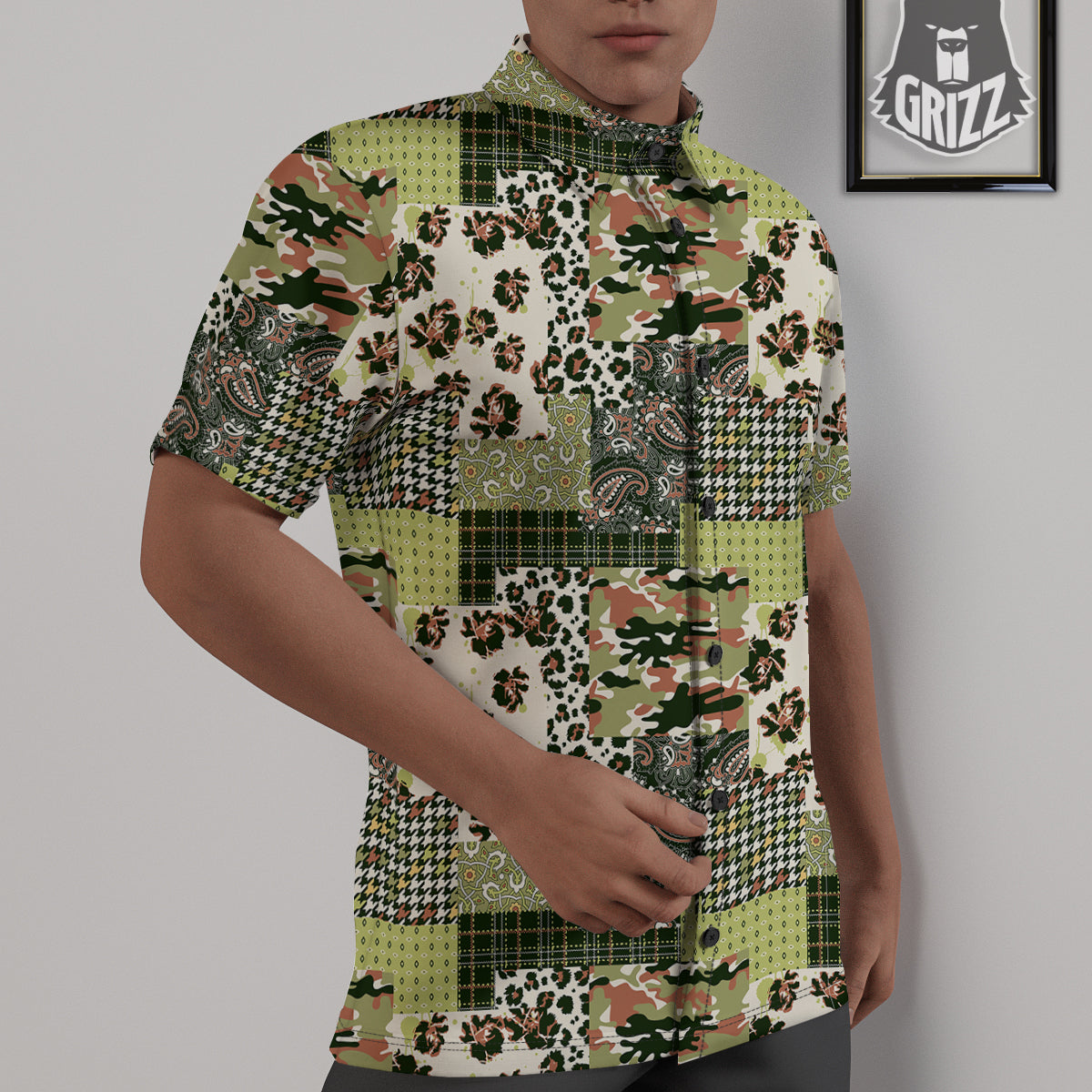 Green Camouflage Tartan Paisley Patchwork Print Pattern Untucked Shirts-grizzshop