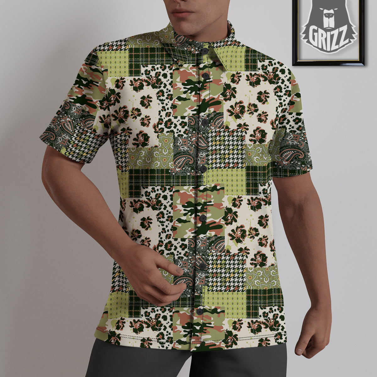 Green Camouflage Tartan Paisley Patchwork Print Pattern Untucked Shirts-grizzshop