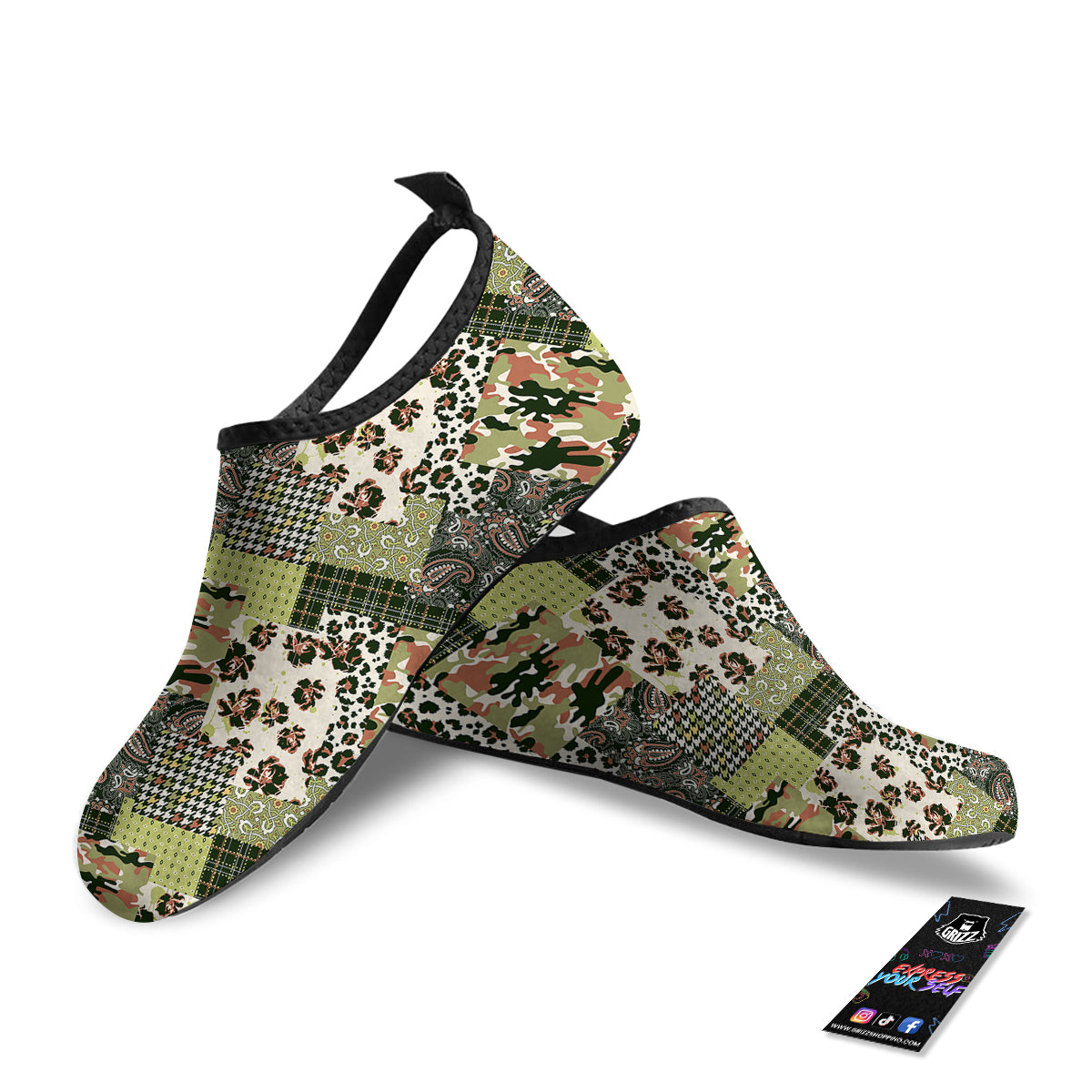 Green Camouflage Tartan Paisley Patchwork Print Pattern Water Shoes-grizzshop