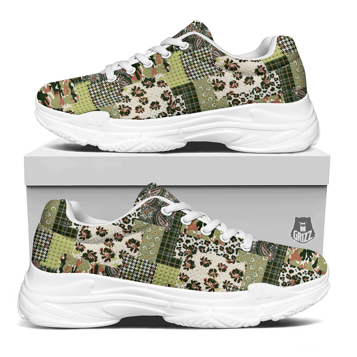 Green Camouflage Tartan Paisley Patchwork Print Pattern White Chunky Shoes-grizzshop