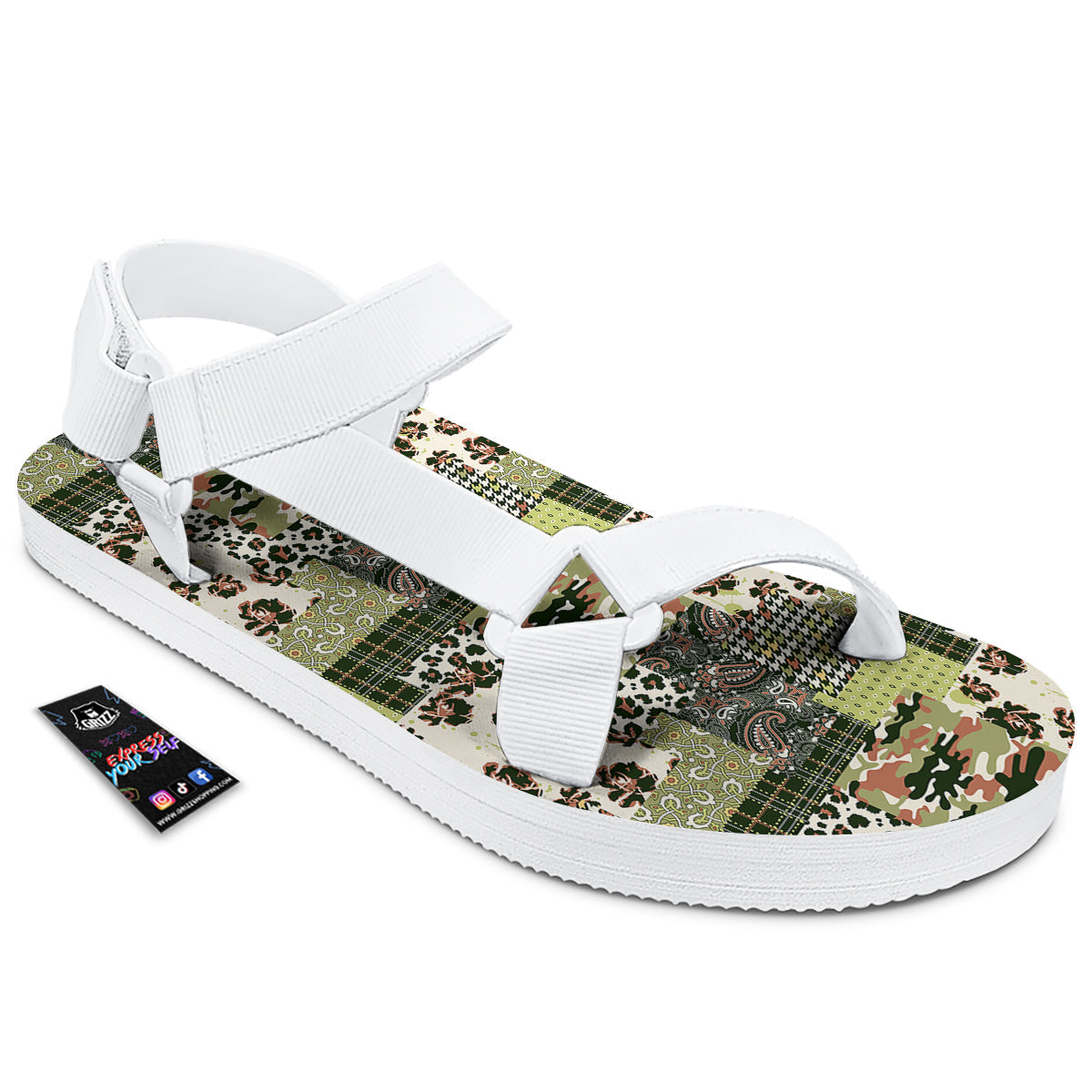 Green Camouflage Tartan Paisley Patchwork Print Pattern White Open Toe Sandals-grizzshop