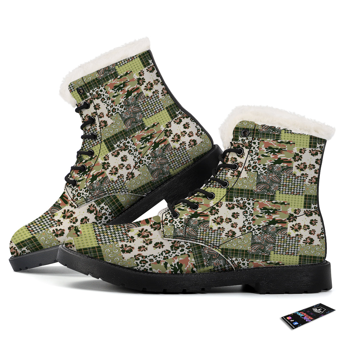 Green Camouflage Tartan Paisley Patchwork Print Pattern Winter Boots-grizzshop