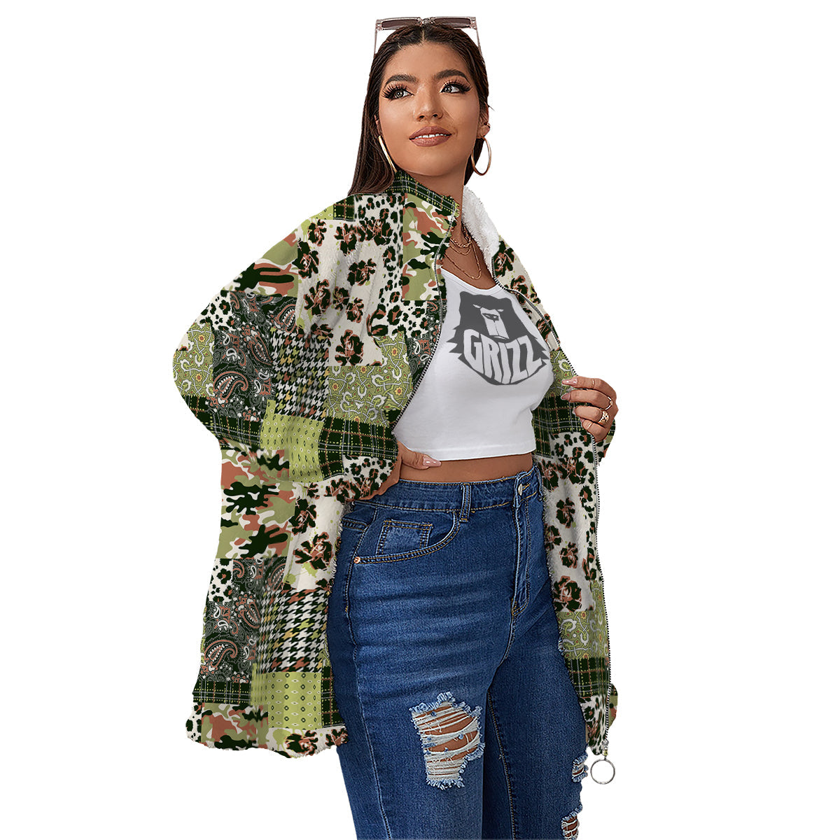 Green Camouflage Tartan Paisley Patchwork Print Pattern Women's Sherpa Jacket-grizzshop