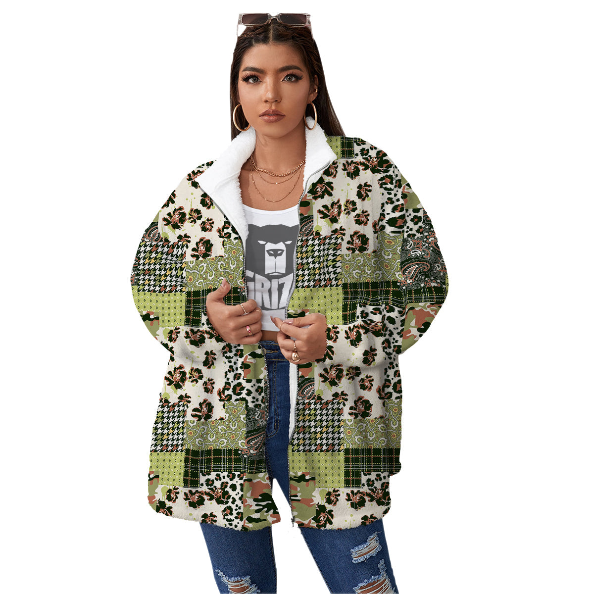 Green Camouflage Tartan Paisley Patchwork Print Pattern Women's Sherpa Jacket-grizzshop
