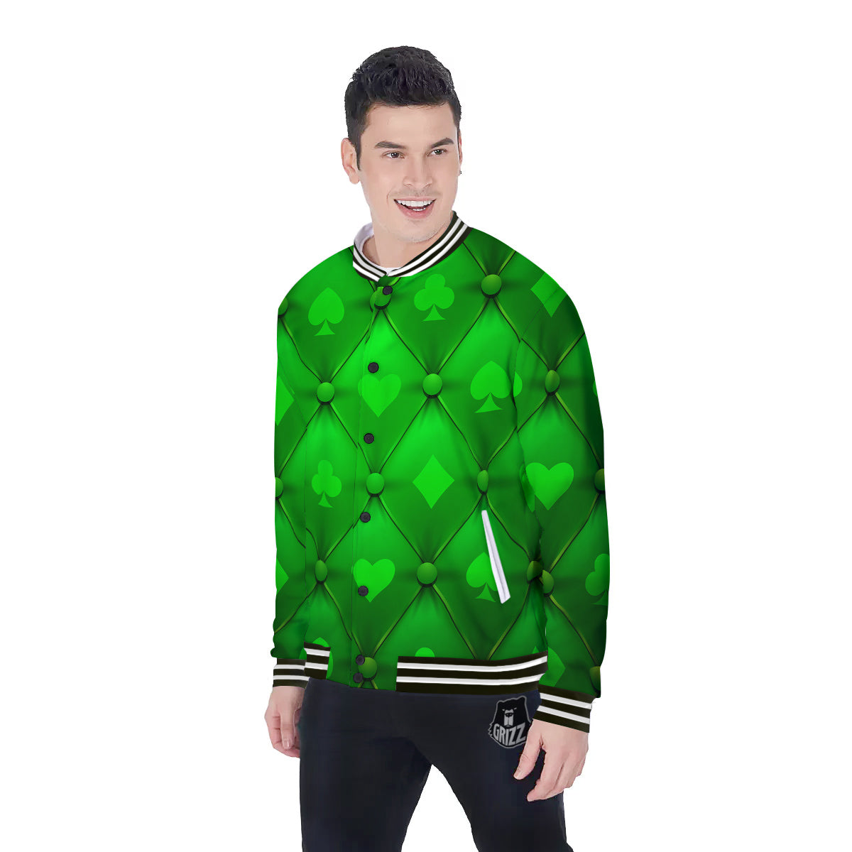 Green Casino Print Pattern Baseball Jacket-grizzshop