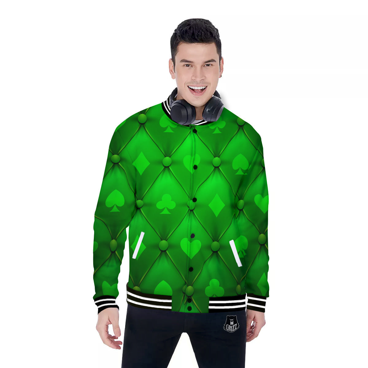 Green Casino Print Pattern Baseball Jacket-grizzshop