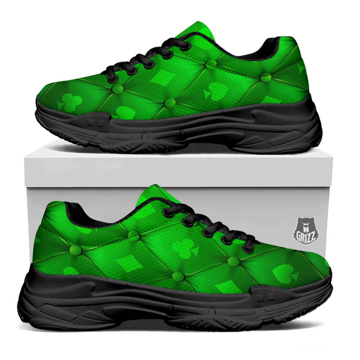 Green Casino Print Pattern Black Chunky Shoes-grizzshop