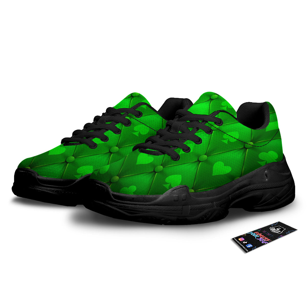 Green Casino Print Pattern Black Chunky Shoes-grizzshop