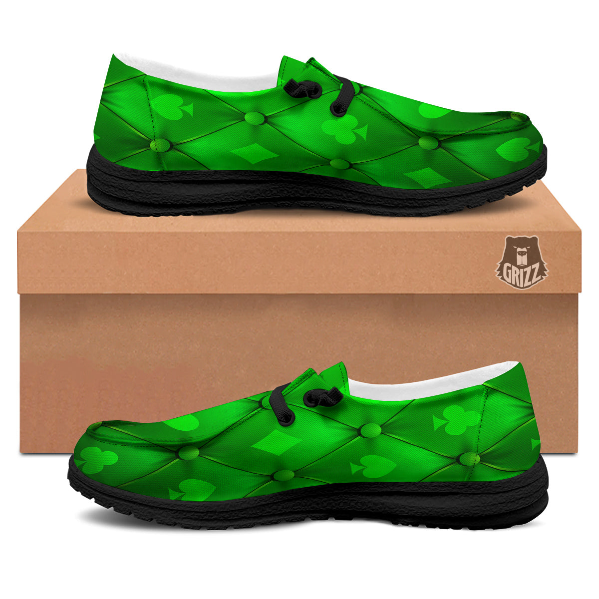 Green Casino Print Pattern Black Loafers-grizzshop