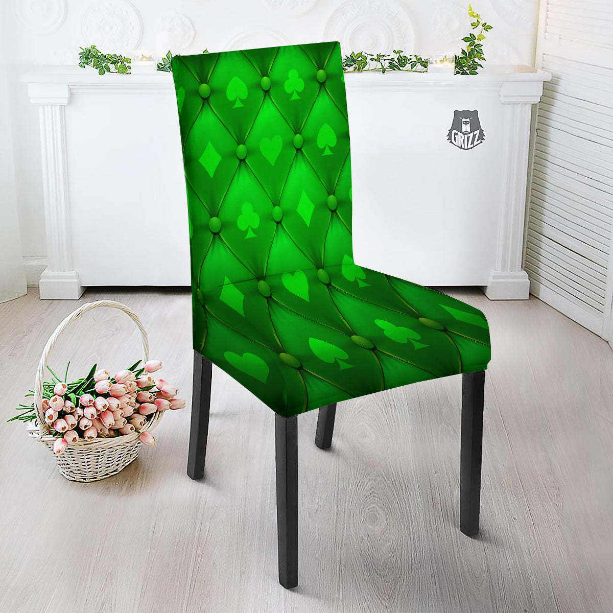 Green Casino Print Pattern Dining Chair Slipcover-grizzshop
