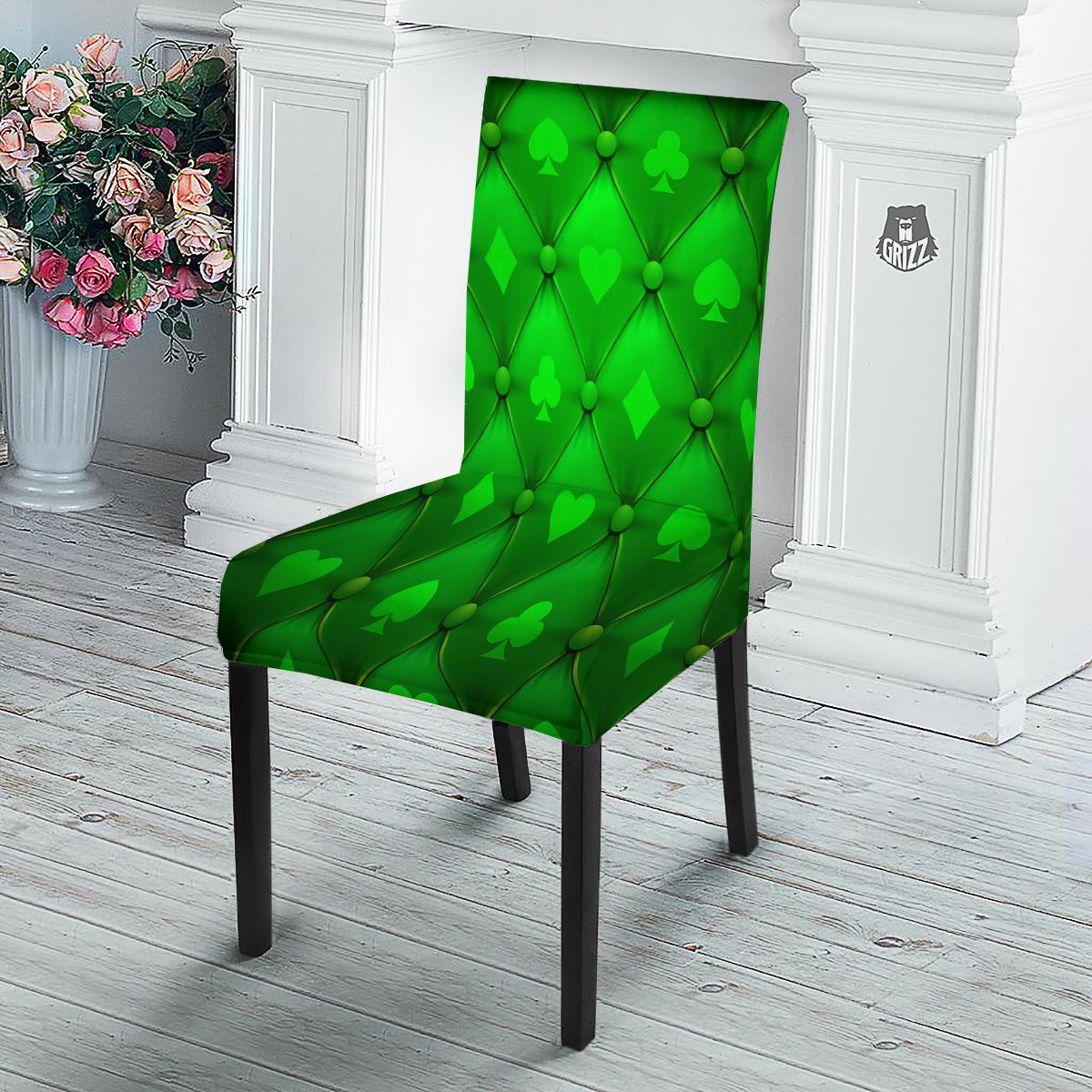 Green Casino Print Pattern Dining Chair Slipcover-grizzshop