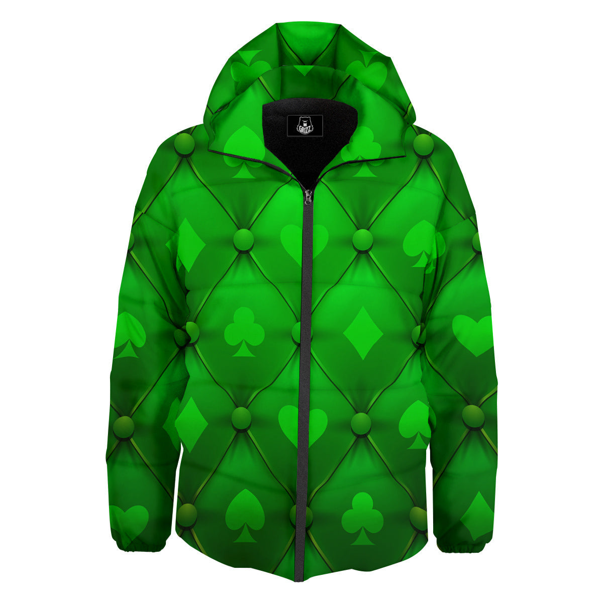 Green Casino Print Pattern Down Jacket-grizzshop