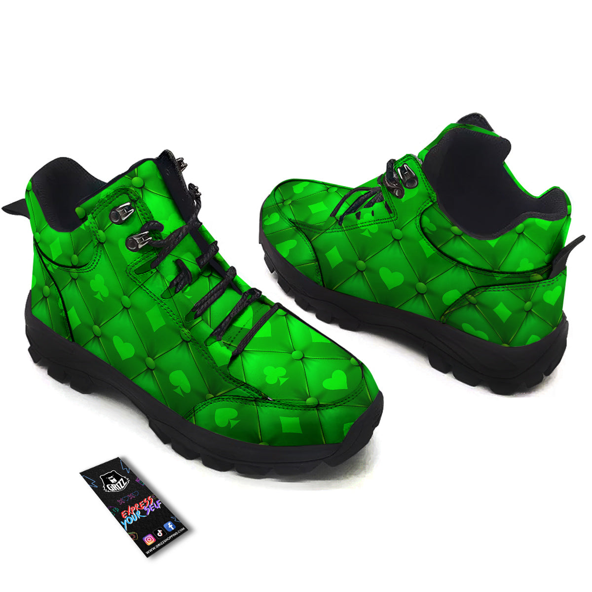 Green Casino Print Pattern Hiking Shoes-grizzshop