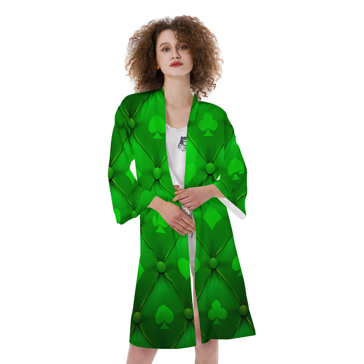 Green Casino Print Pattern Kimono-grizzshop