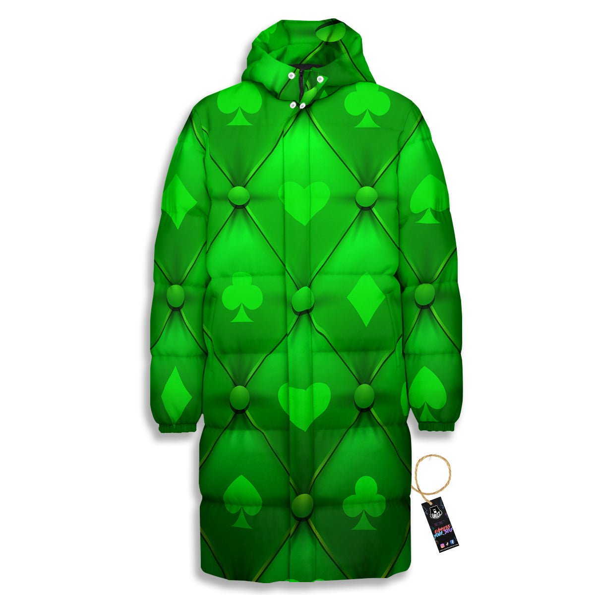 Green Casino Print Pattern Long Down Jacket-grizzshop