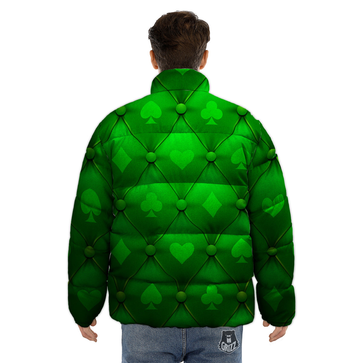 Green Casino Print Pattern Puffer Jacket-grizzshop