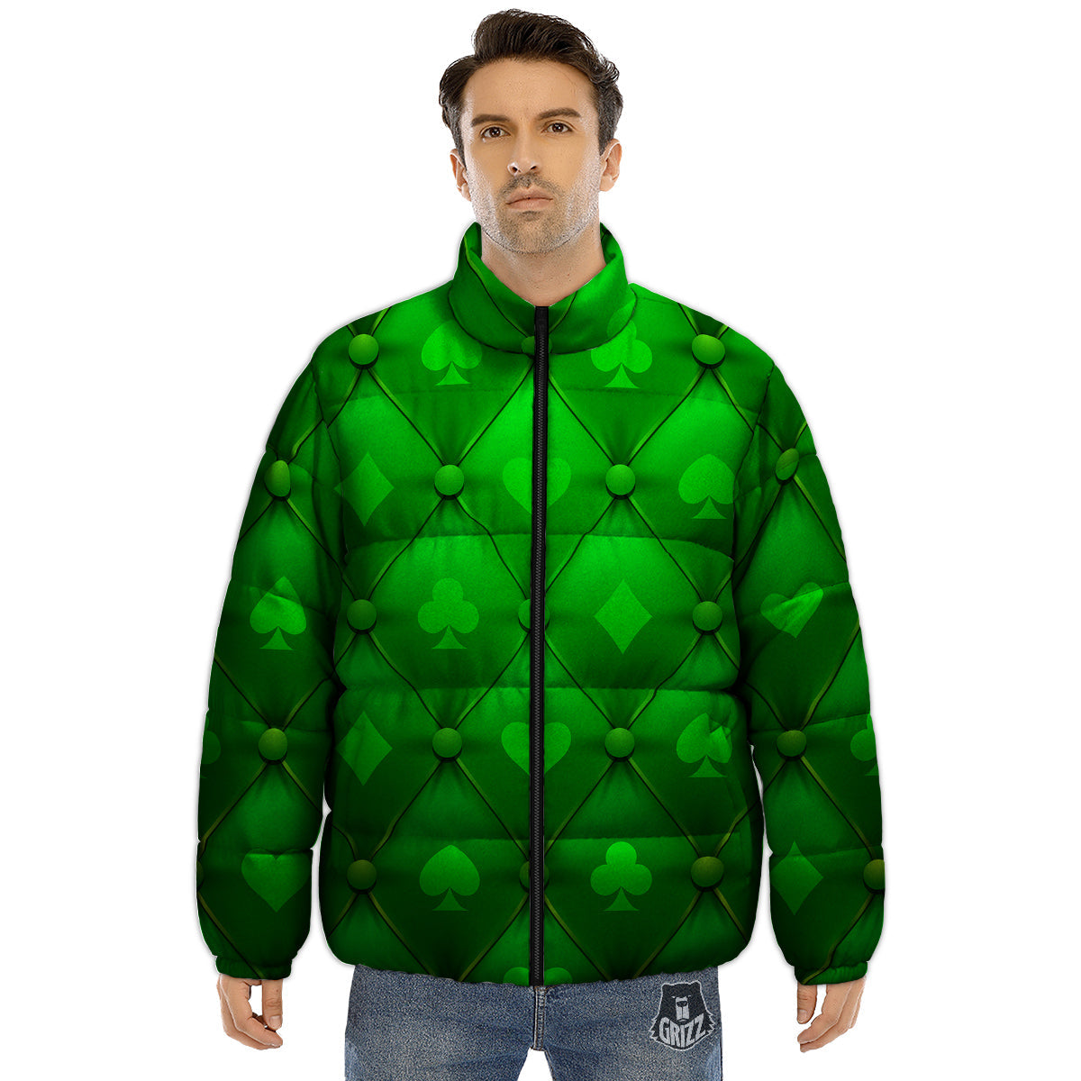 Green Casino Print Pattern Puffer Jacket-grizzshop