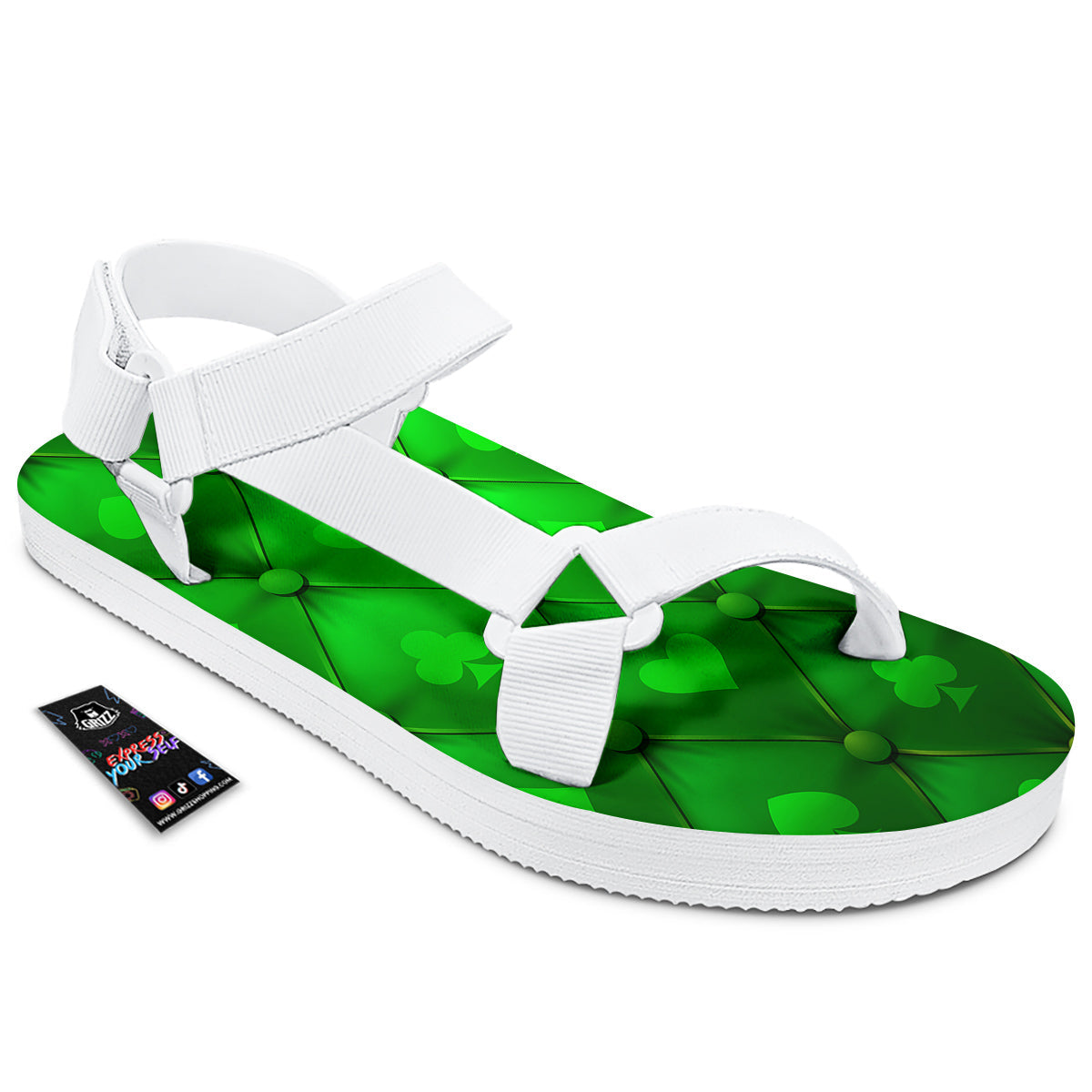 Green Casino Print Pattern White Open Toe Sandals-grizzshop