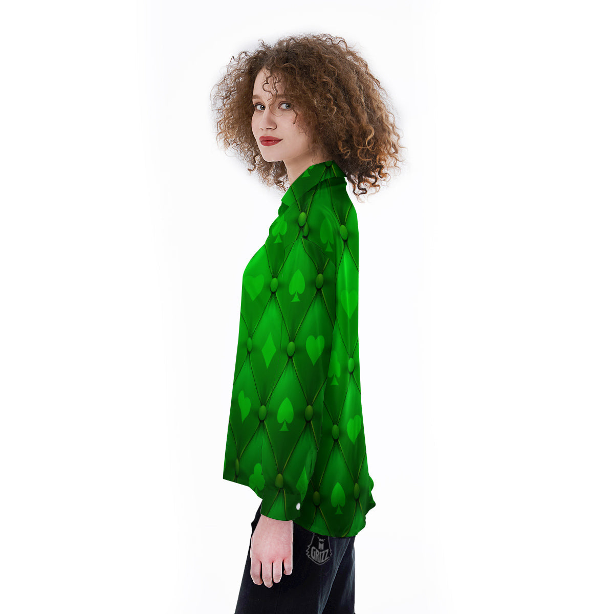 Green Casino Print Pattern Women's Long Sleeve Shirts-grizzshop