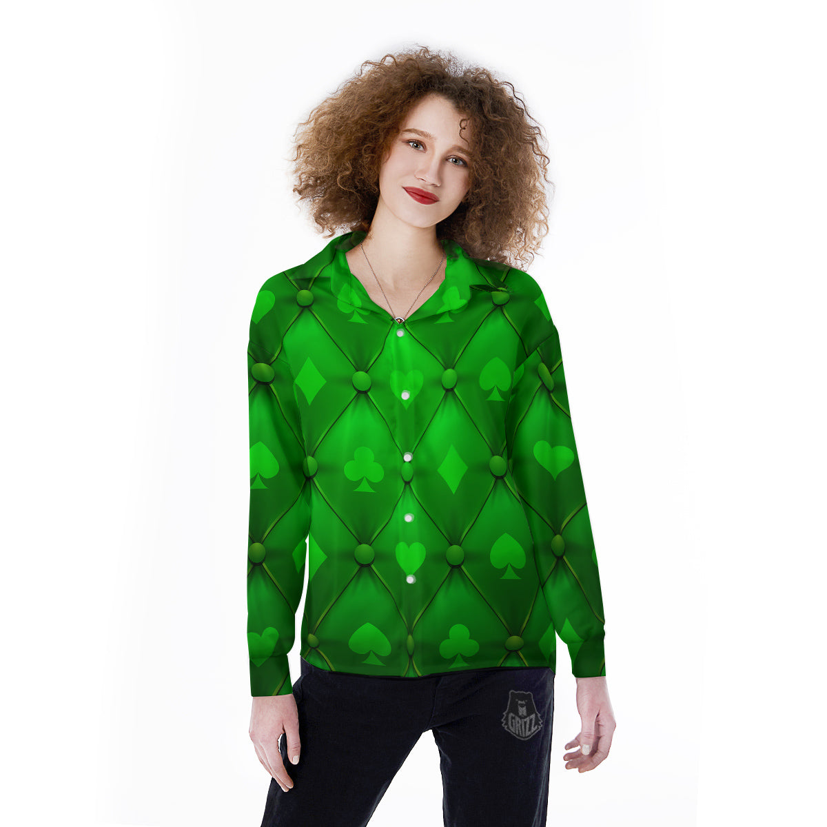 Green Casino Print Pattern Women's Long Sleeve Shirts-grizzshop