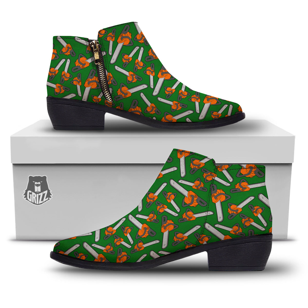 Green Chainsaw Print Pattern Ankle Boots-grizzshop