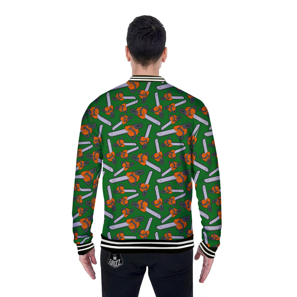 Green Chainsaw Print Pattern Baseball Jacket-grizzshop