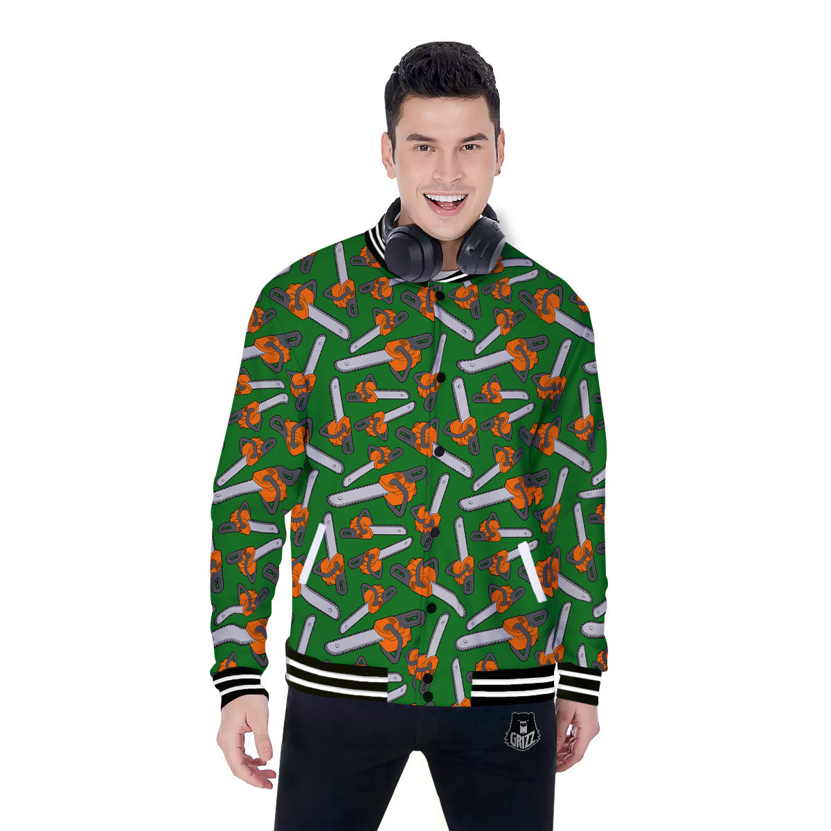 Green Chainsaw Print Pattern Baseball Jacket-grizzshop