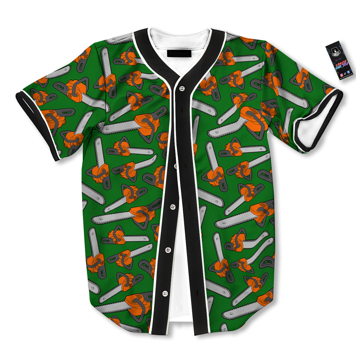 Green Chainsaw Print Pattern Baseball Jersey-grizzshop