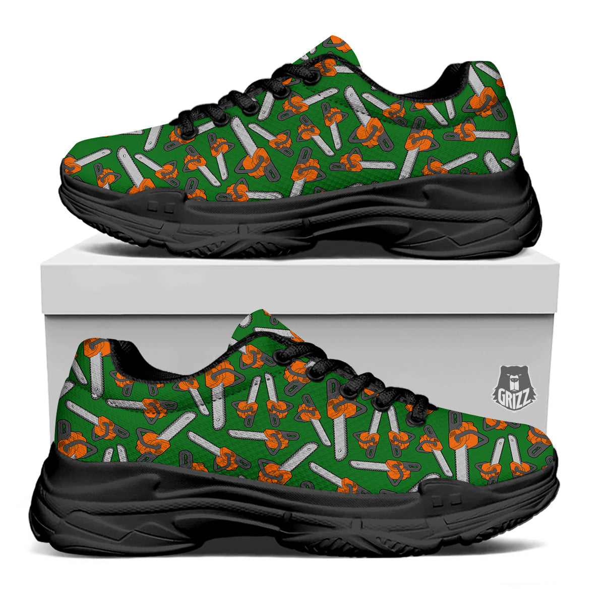 Green Chainsaw Print Pattern Black Chunky Shoes-grizzshop
