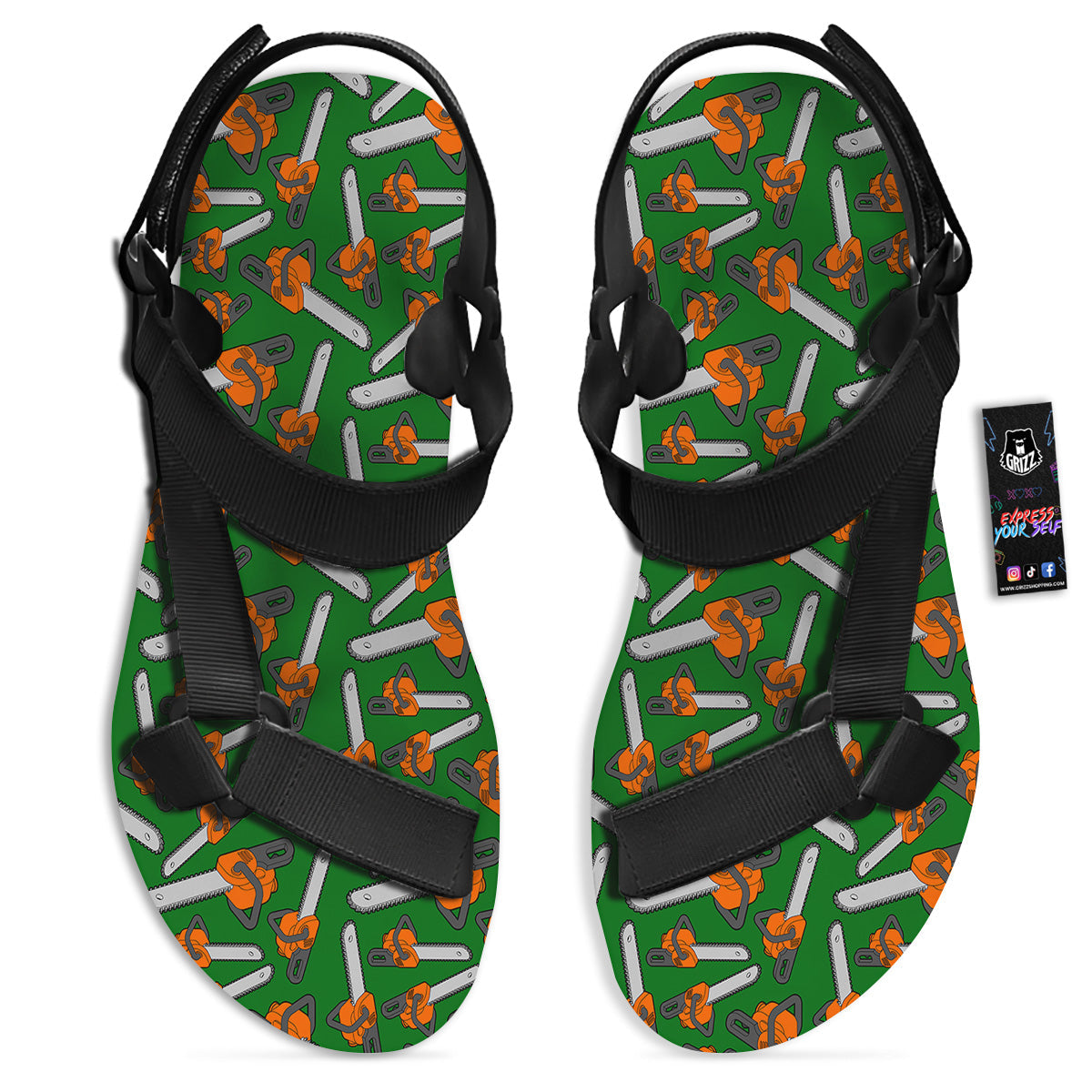 Green Chainsaw Print Pattern Black Open Toe Sandals-grizzshop