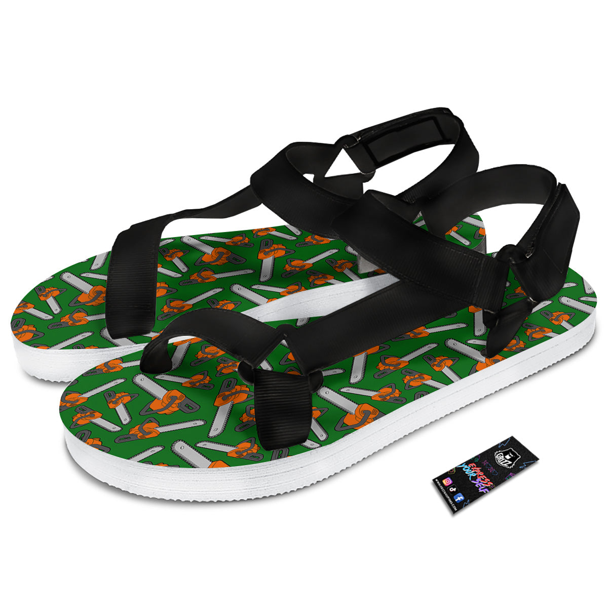Green Chainsaw Print Pattern Black Open Toe Sandals-grizzshop