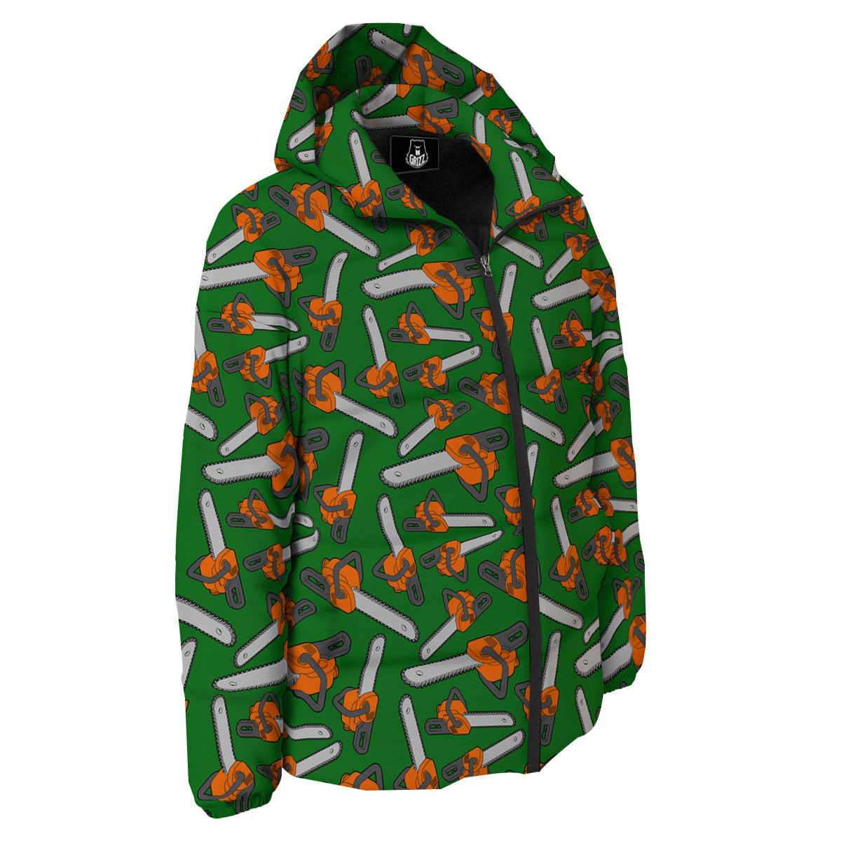 Green Chainsaw Print Pattern Down Jacket-grizzshop
