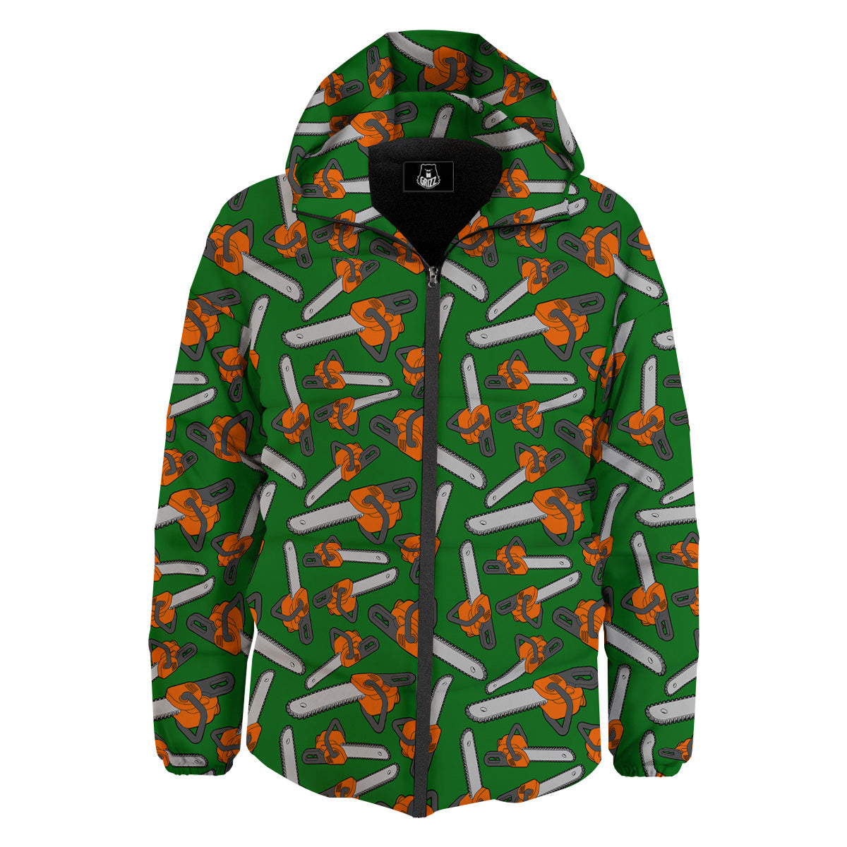 Green Chainsaw Print Pattern Down Jacket-grizzshop