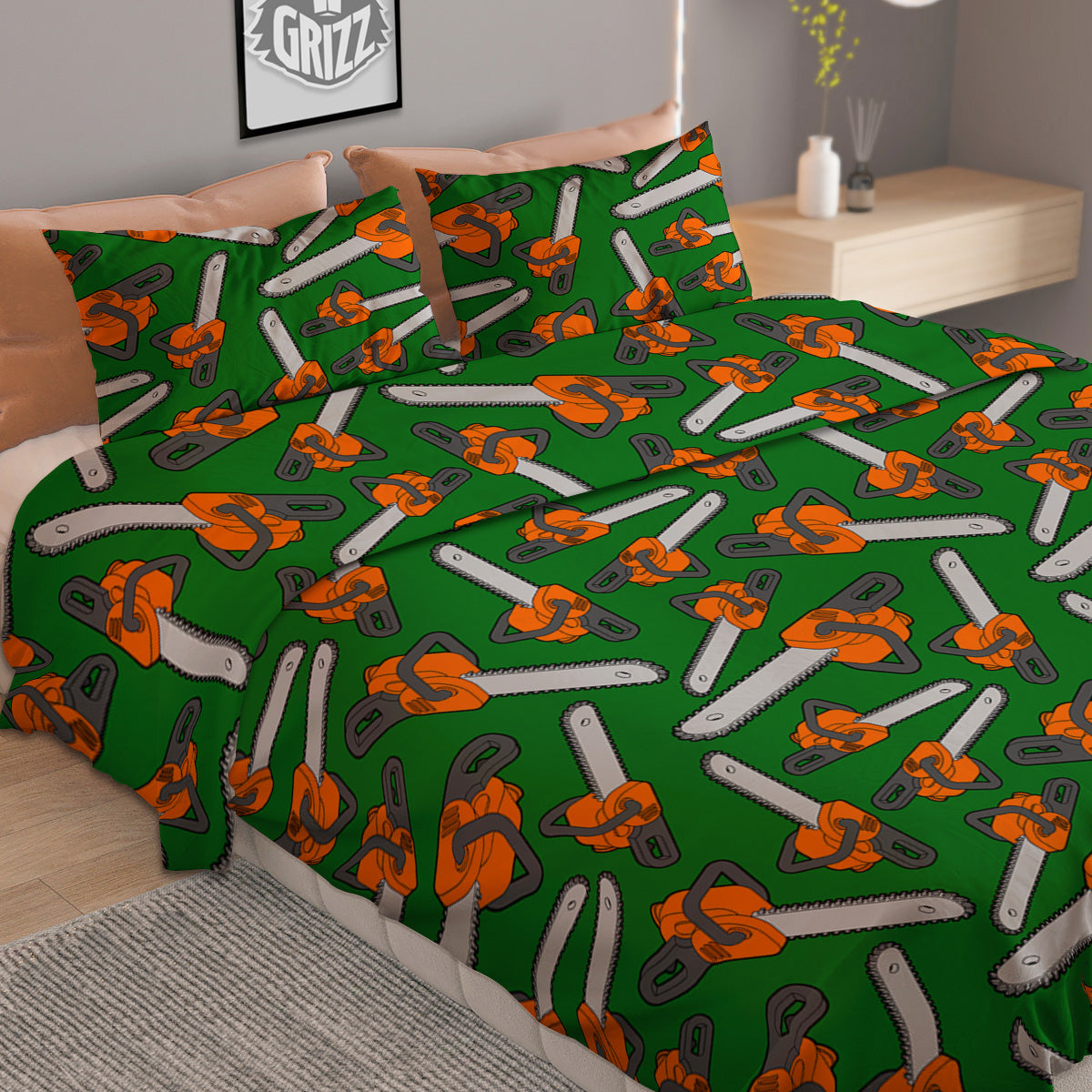 Green Chainsaw Print Pattern Duvet Cover Bedding Set-grizzshop
