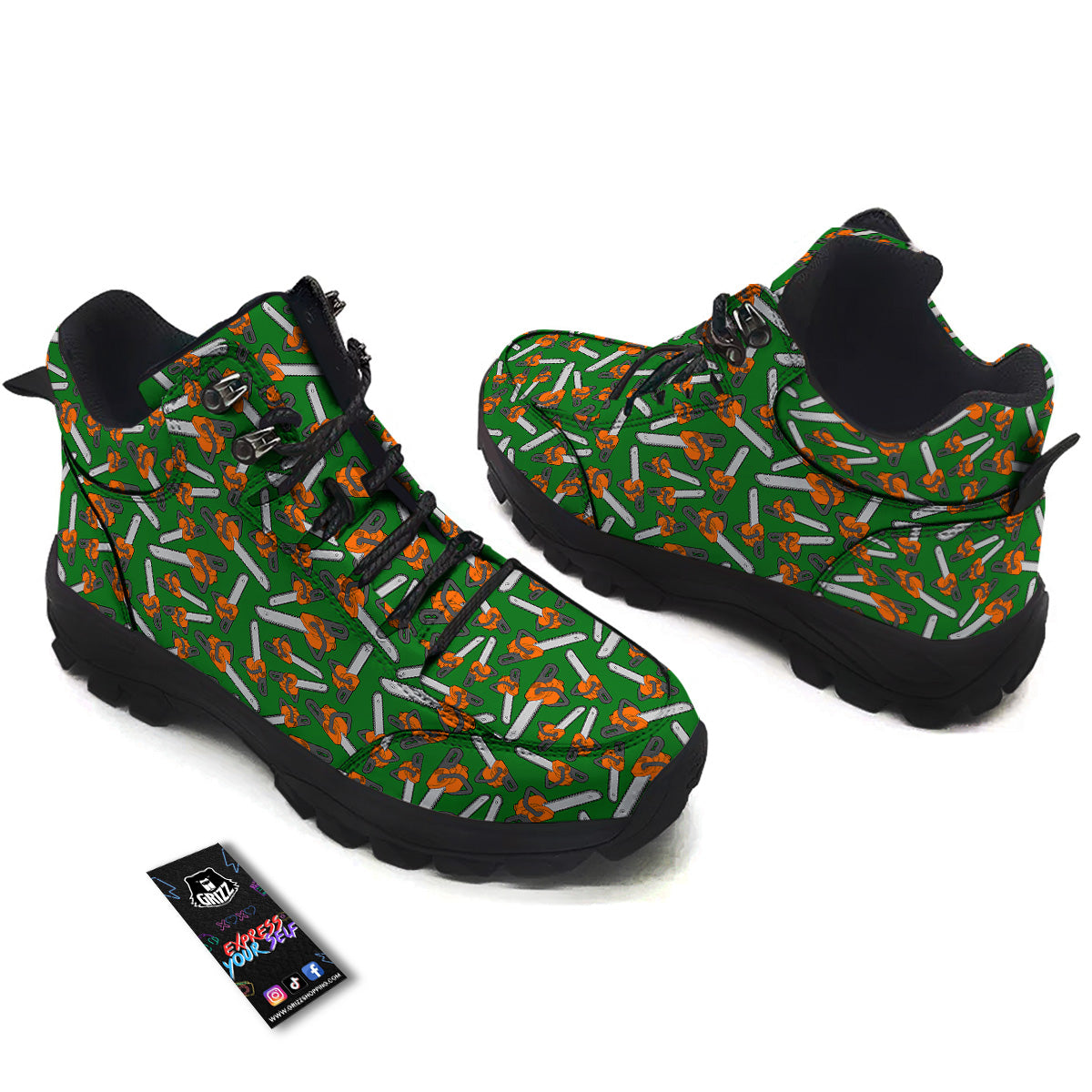 Green Chainsaw Print Pattern Hiking Shoes-grizzshop