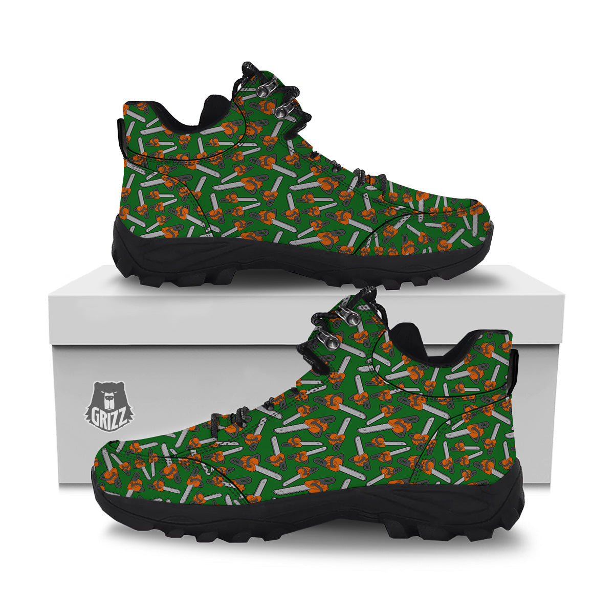 Green Chainsaw Print Pattern Hiking Shoes-grizzshop