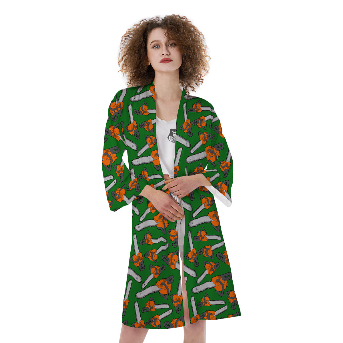 Green Chainsaw Print Pattern Kimono-grizzshop